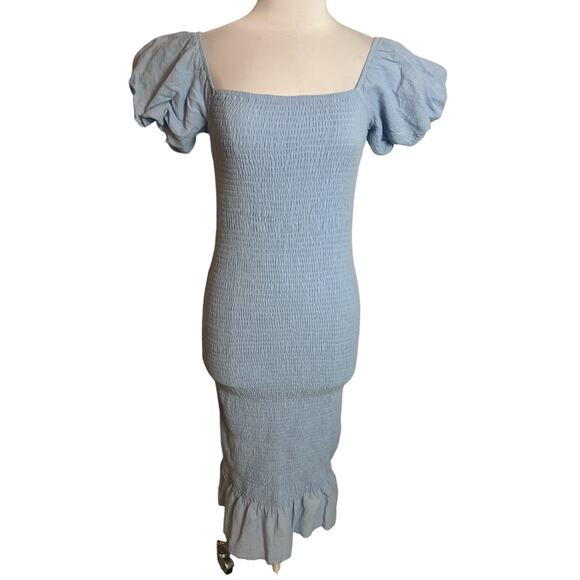 Baltic Born Alana Smocked Midi Dress Blue Off The Shoulder Puff Sz S - Picture 3 of 5